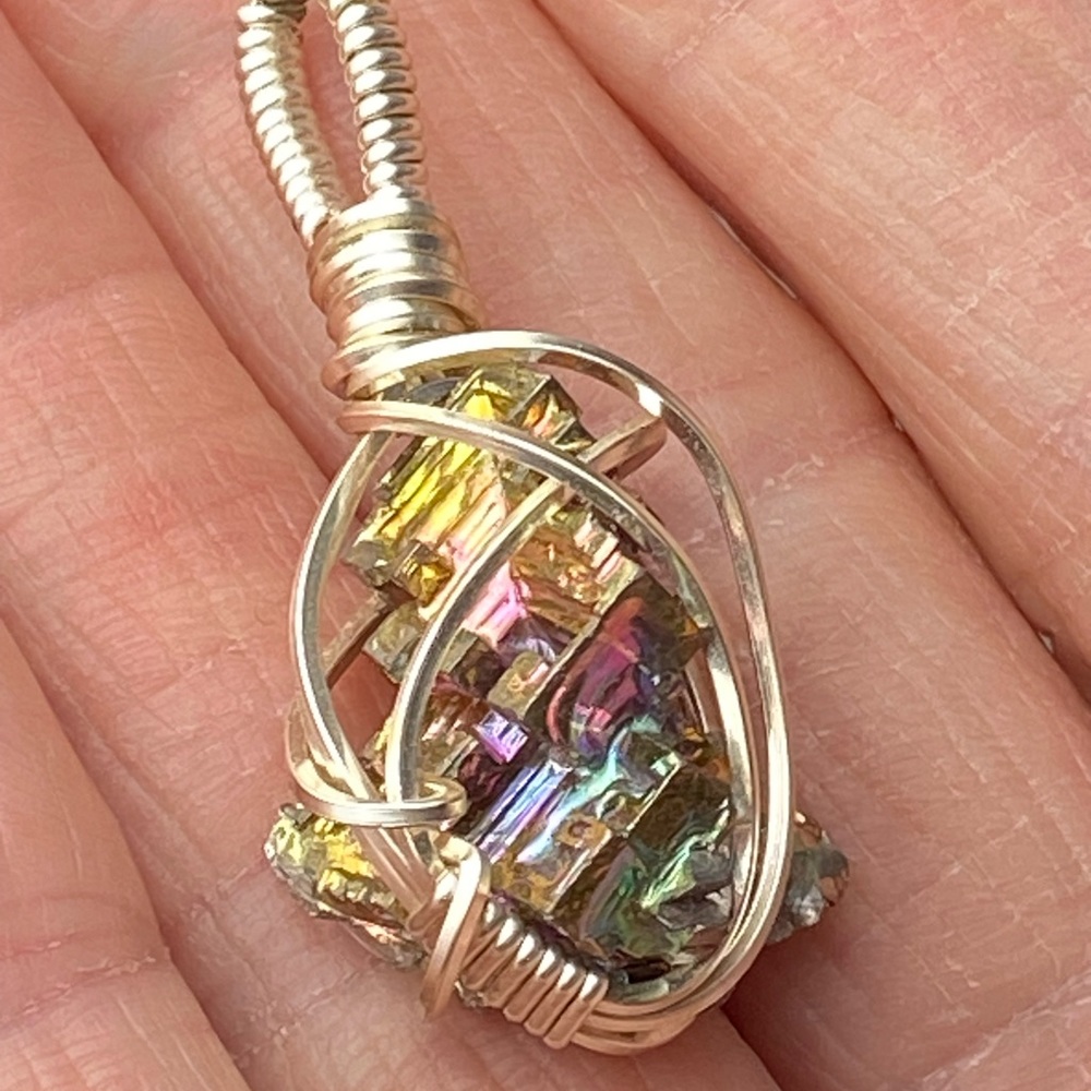 Artist Silver Wire cage wrapped pendant rainbow iridescent geometric bismuth